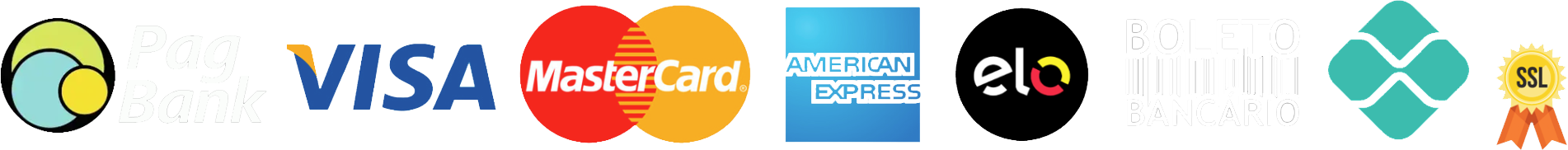 Formas de Pagamento: Visa, Mastercard, American Express, Elo, Boleto Bancário, PIX e SSL
